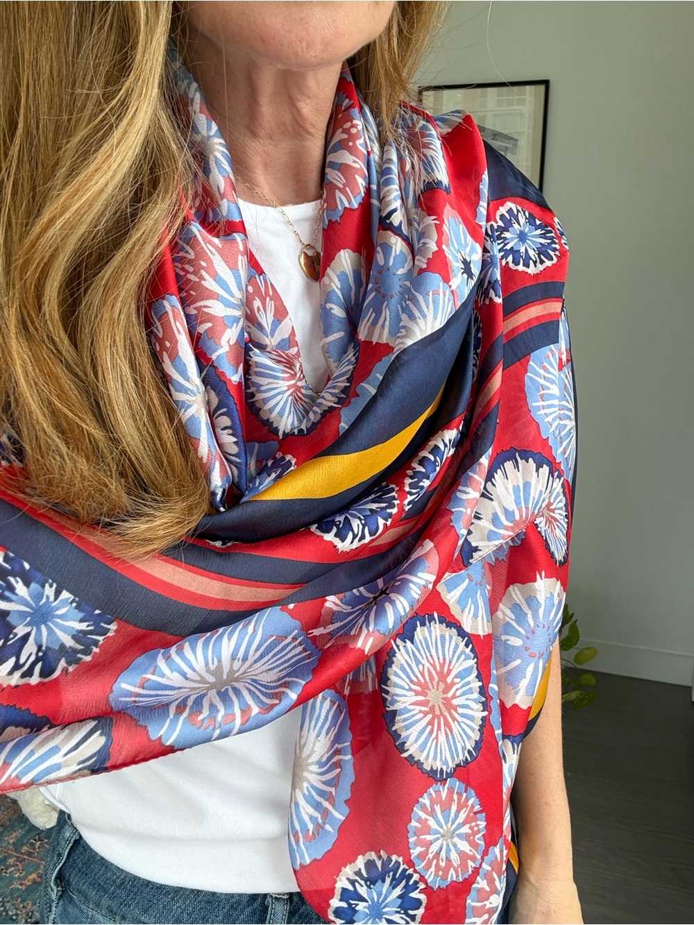 100% Silk Floral Scarf Wrap Red Blue Navy Oversized Rectangle Lightweight